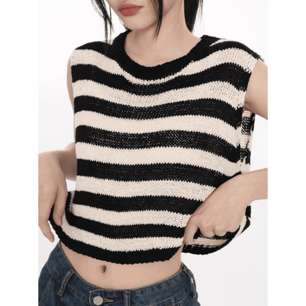 Áo Ba Lỗ Nữ Mongtoghi Phối Kẻ Ngang Cổ Tròn Dáng Ngắn Croptop Cao Cấp POSTA PA96 Áo Croptop Mongtoghi Trẻ Trung Mùa Thu