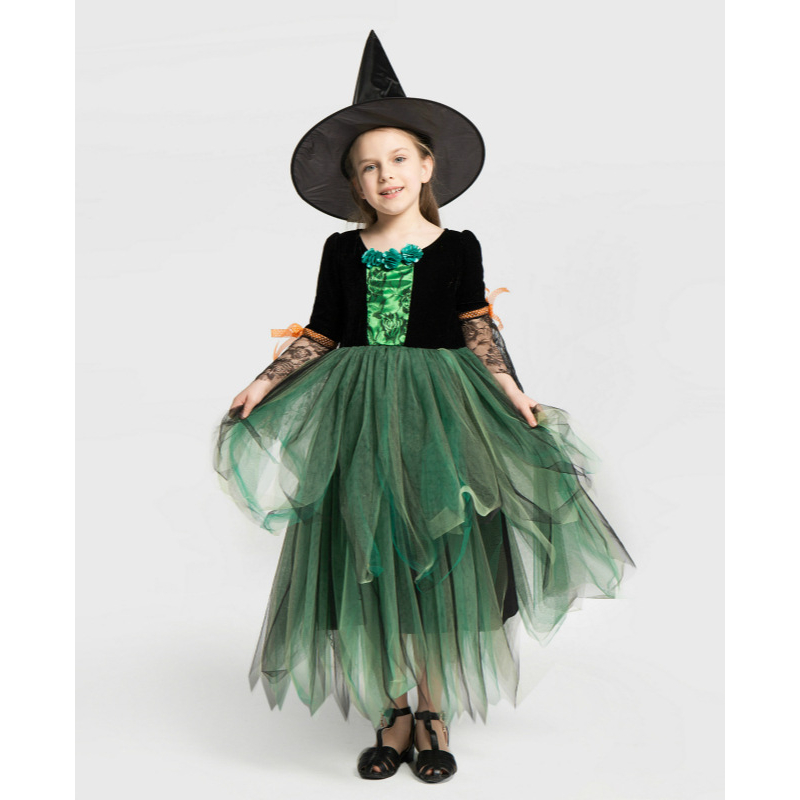 HM1202 - Đầm Hòa Trang Halloween Phù Thủy Xanh Lá Kèm Nón Cho Bé Gái