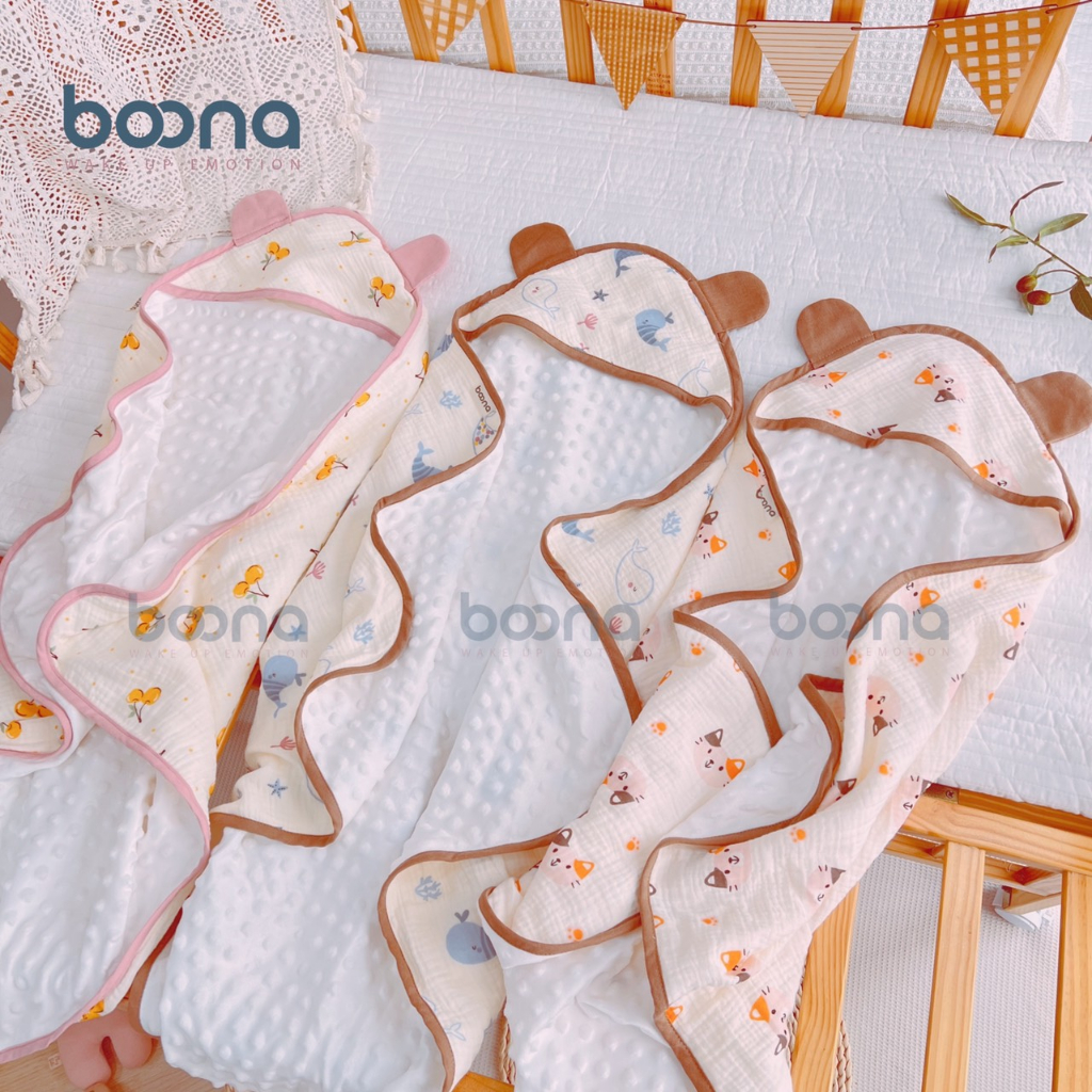 Chăn ủ xô hạt đậu BOONA có mũ vải muslin cao cấp kết hợp vải nhung bi siêu mềm mại ấp áp cho bé sơ sinh.
