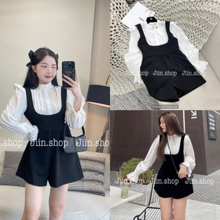 Set quần yếm jumsuit body, jum kèm áo sơ mi bộ liền thân đùi, jum đùi yếm 2 dây thiết kế sơ mi bèo