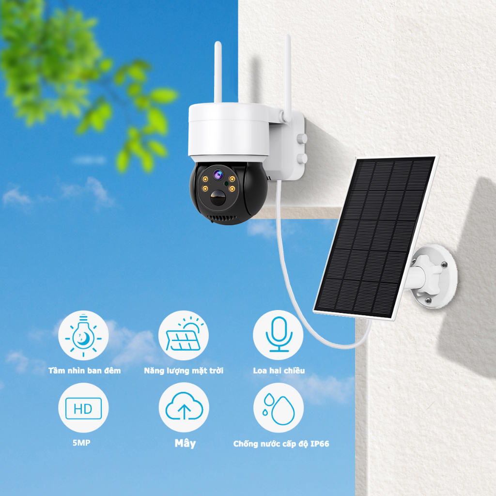 Máy quay Camera WiFi năng lượng mặt trời ngoài trời chống nước IP66 giám sát thông minh ICsee APP độ phân giải cao 1080P