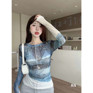 Áo thun nữ dạng lưới hình quần bò dài tay QCL1 LuciK Shop AT0091