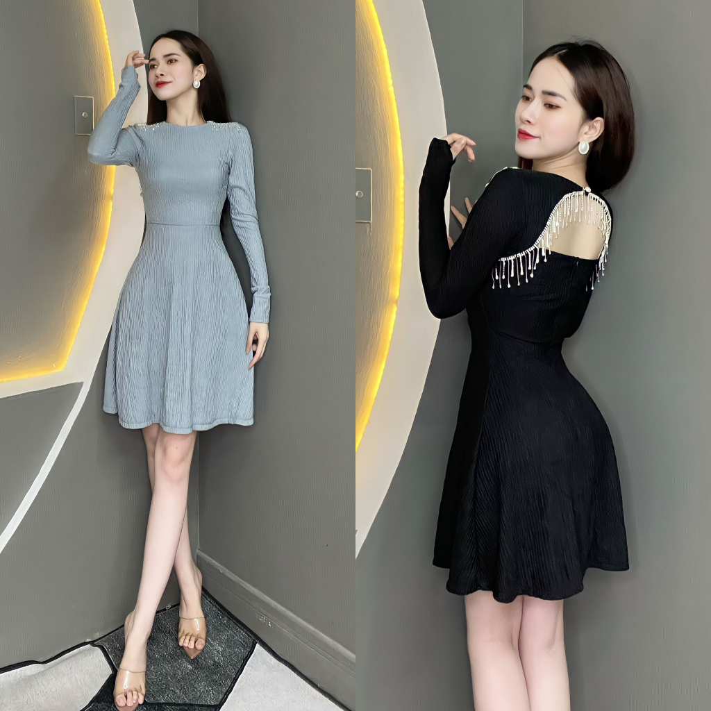Đầm Thiết Kế Tay Dài Vai Đính Đá Sau Lưng Xòe Nhẹ ( Kèm Quần Bảo Hộ ) V1224 - Thanh Tự