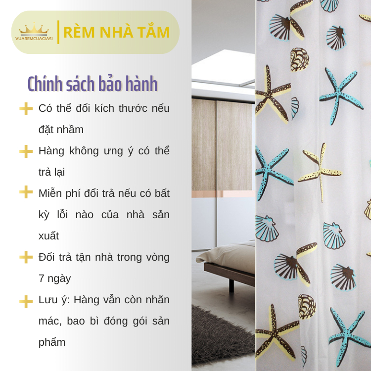 Rèm nhà tắm DÀY và thanh không khoan tường, họa tiết Sao Biển không thấy bóng người, không thấm nước, kèm vòng treo