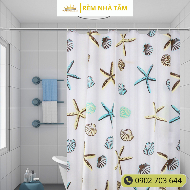 Rèm nhà tắm DÀY và thanh không khoan tường, họa tiết Sao Biển không thấy bóng người, không thấm nước, kèm vòng treo