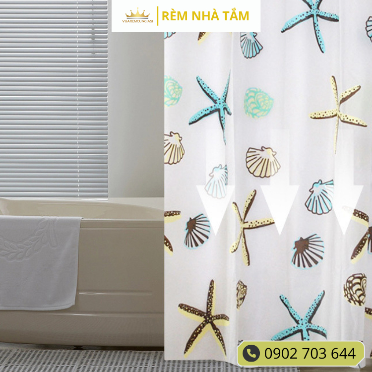 Rèm nhà tắm DÀY và thanh không khoan tường, họa tiết Sao Biển không thấy bóng người, không thấm nước, kèm vòng treo
