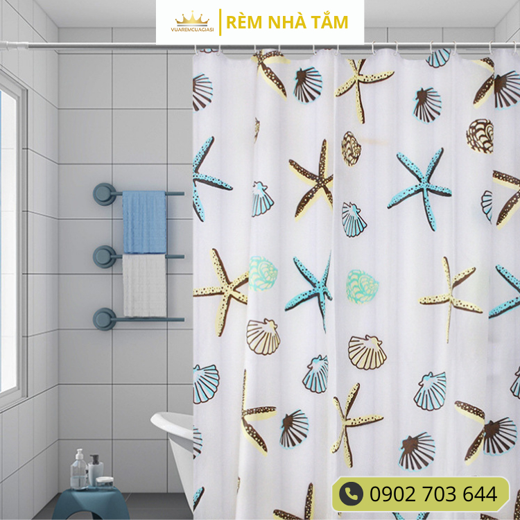 Rèm nhà tắm DÀY và thanh không khoan tường, họa tiết Sao Biển không thấy bóng người, không thấm nước, kèm vòng treo