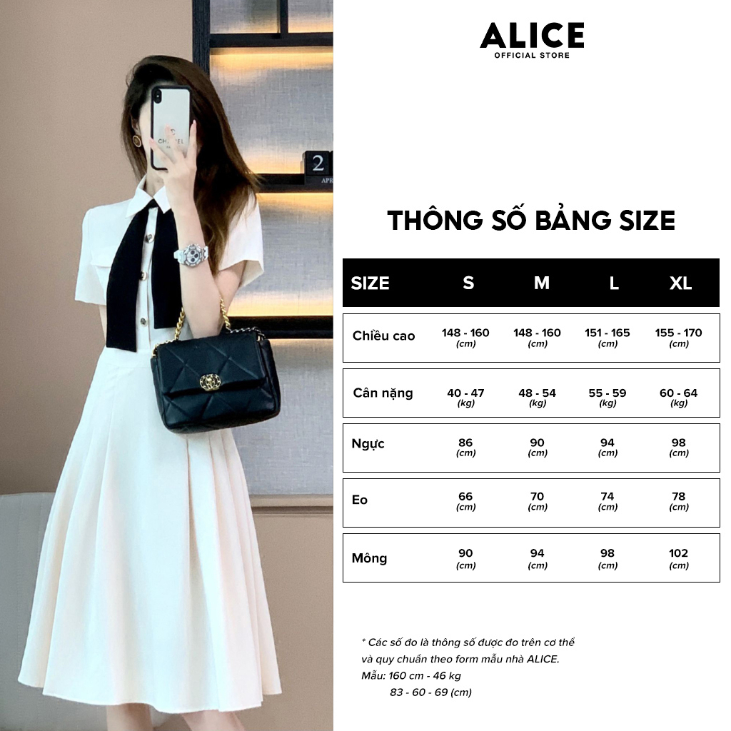 Váy Trắng Tiểu Thư Thiết Kế Thanh Lịch ALICE Đầm Công Sở Dáng Xòe Tay Lỡ Phối Nơ Cổ Kèm Khuy Sang Trọng, Lịch Sự V707