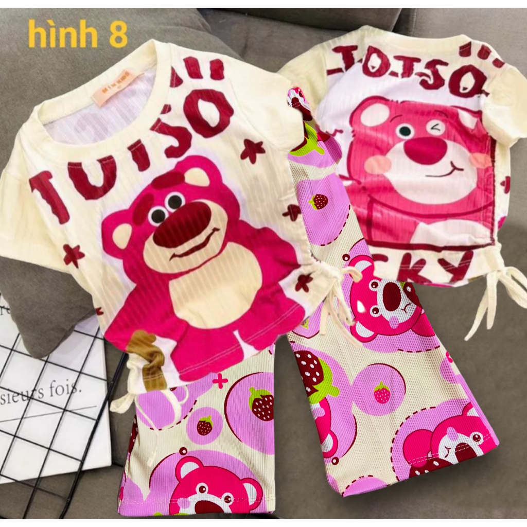 Set áo croptop dây rút in hình gấu dâu + quần dài vải thun gân tăm siêu cưng cho bé gái đi chơi, đi học