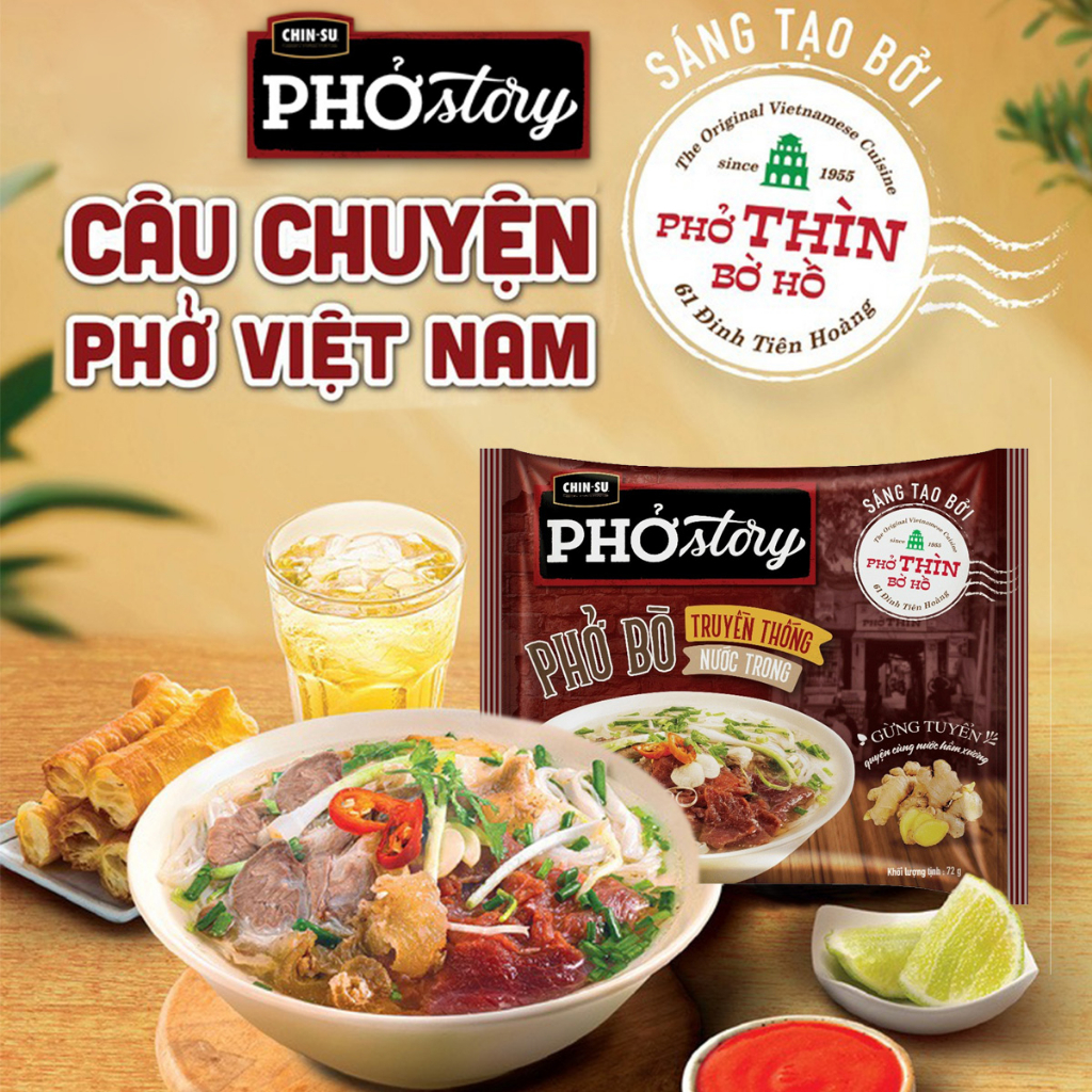 THÙNG 15 GÓI PHỞ BÒ TRUYỀN THỐNG NƯỚC TRONG CÓ BẮP BÒ VÀ GÂN NGUYÊN MIẾNG PHỞ THÌN BỜ HỒ PHỞ STORY CHINSU 131 GRAM