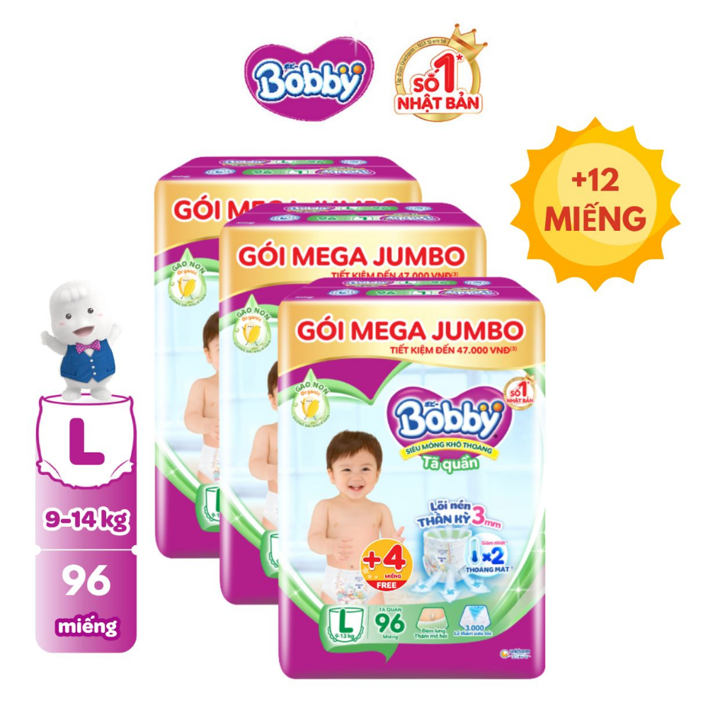 [V] - [TẶNG THÊM 4 MIẾNG] Bộ 3 Tã/bỉm quần Bobby 3mm Mega Jumbo Gạo non Giảm nhiệt M112/L96/XL84/XXL76