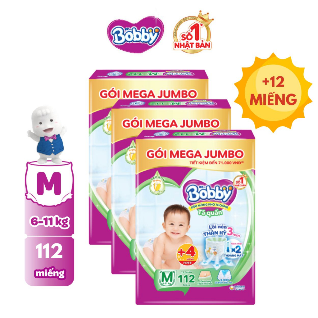 [V] - [TẶNG THÊM 4 MIẾNG] Bộ 3 Tã/bỉm quần Bobby 3mm Mega Jumbo Gạo non Giảm nhiệt M112/L96/XL84/XXL76