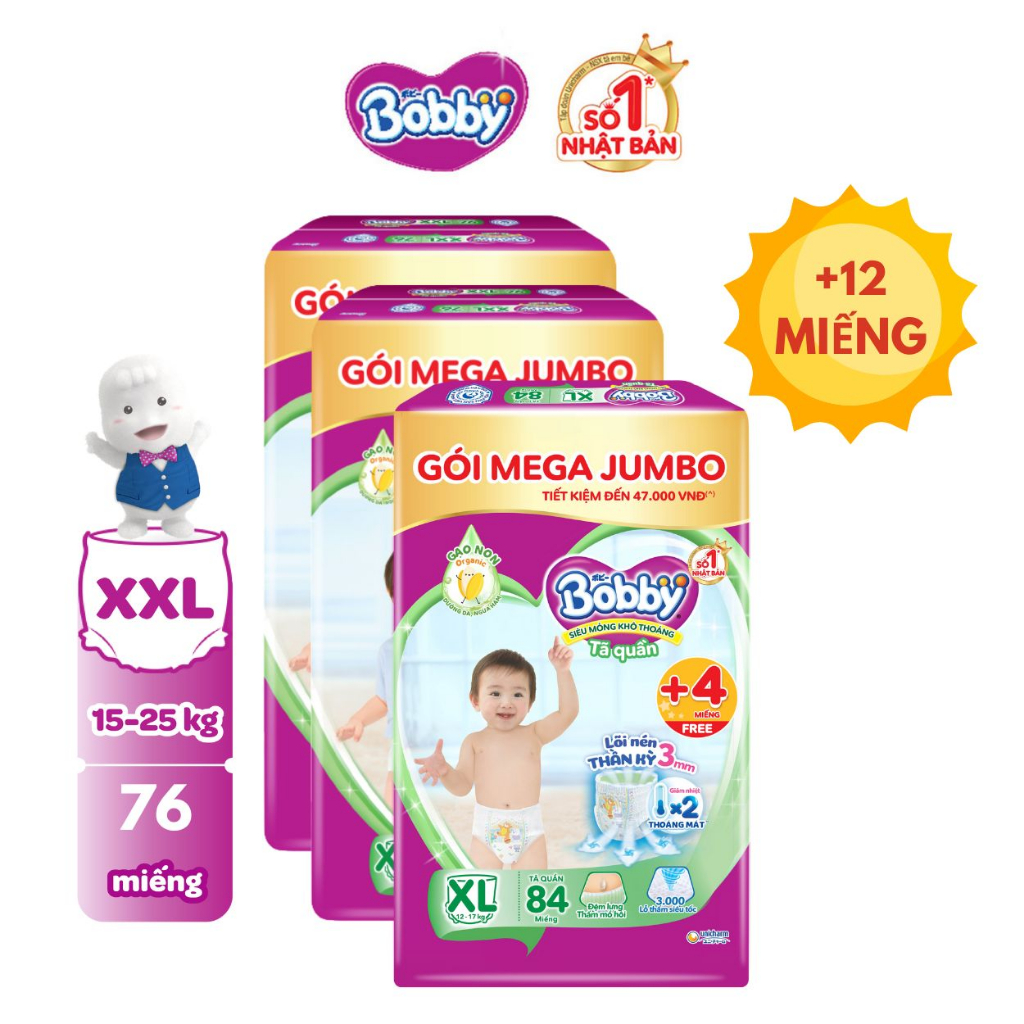 [V] - [TẶNG THÊM 4 MIẾNG] Bộ 3 Tã/bỉm quần Bobby 3mm Mega Jumbo Gạo non Giảm nhiệt M112/L96/XL84/XXL76