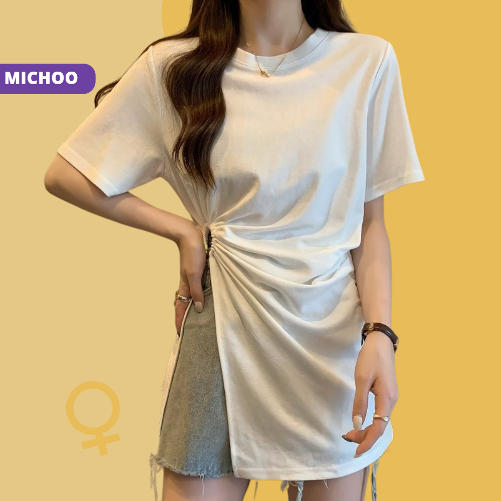 Áo Thun MICHOO tay hến cộc tay cổ tròn phối ngọc eo 5 màu