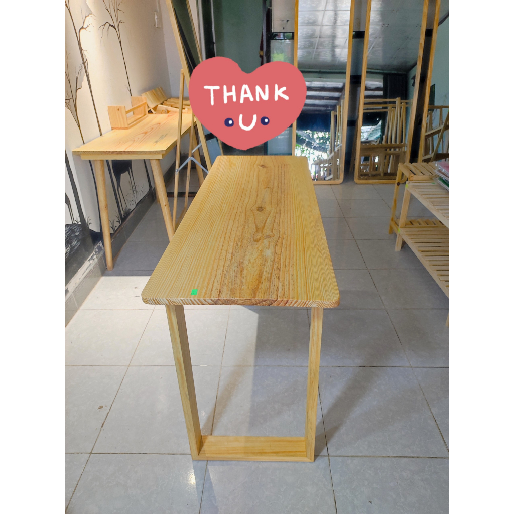 Bàn làm việc Thik Decor gỗ thông tự nhiên mặt lớn 43-45cm dày 2cm, chân chữ U.
