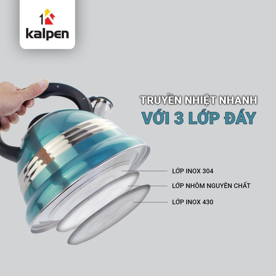 Ấm đun nước inox 304 5 đáy cao cấp Kalpen KK03 dung tích 3L còi báo sôi tự đông  cho bếp từ, bếp ga..