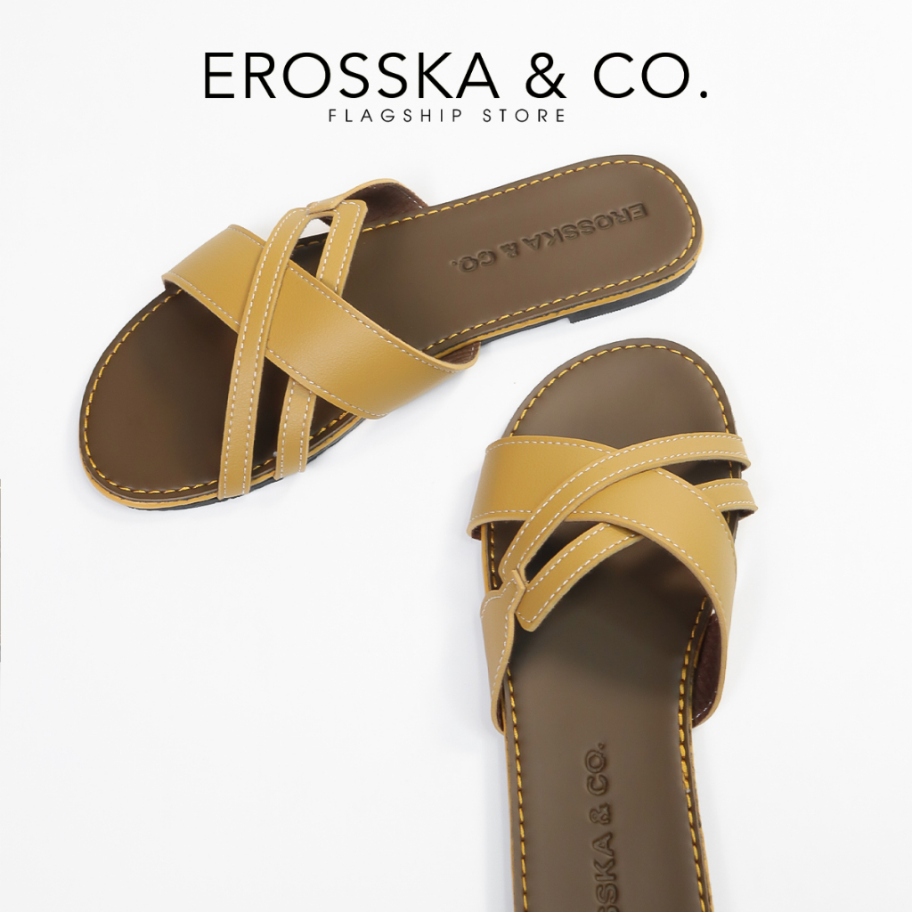 Erosska - Dép nữ thời trang đế bằng quai chéo kiểu dáng cơ bản màu kem - DE066