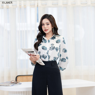 Áo sơ mi lụa nữ áo kiểu công sở cổ bẻ họa tiết lamer l61h22q060