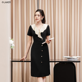 Đầm Cổ Phối LAMER Nẹp Đính Khuy L63R23Q009