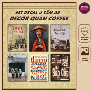 Set decal 6 tấm Mini, tổng hợp set decal dán tường khổ A5 Hot, tranh dán decor quán coffee, trang trí vintage, Hà Nội