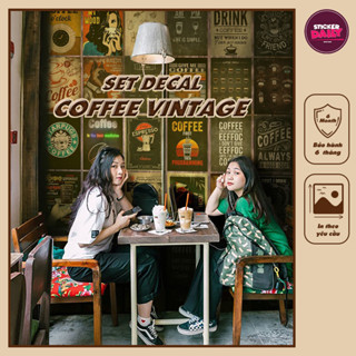 Set decal dán tường Coffee Cà Phê Vintage decor quán cafe, trang trí phòng, số lượng 24, 50 tấm