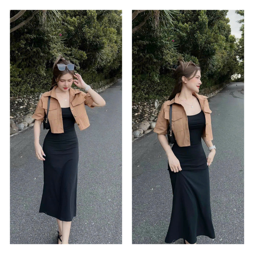 Set đầm thun tăm có mút ngực kèm áo khoác 2 túi thật coton hot hit siêu đẹp siêu xinh phong cách hàn quốc sành điệu