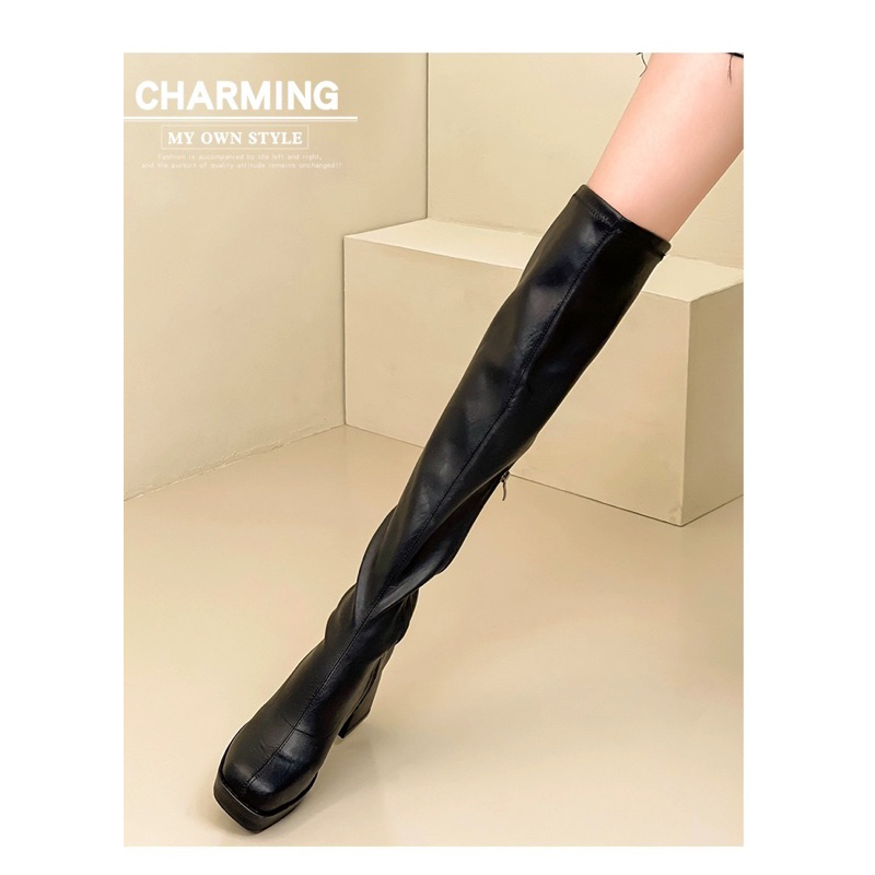 Boots đùi nữ da mềm ôm chân gót vuông cao 7cm có khoá sườn