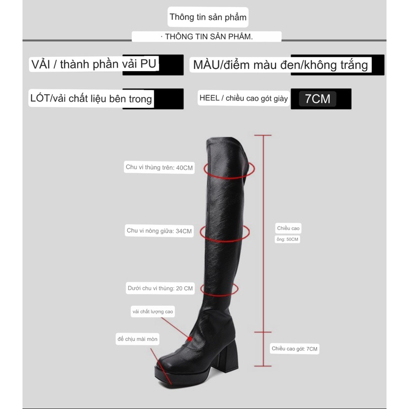 Boots đùi nữ da mềm ôm chân gót vuông cao 7cm có khoá sườn