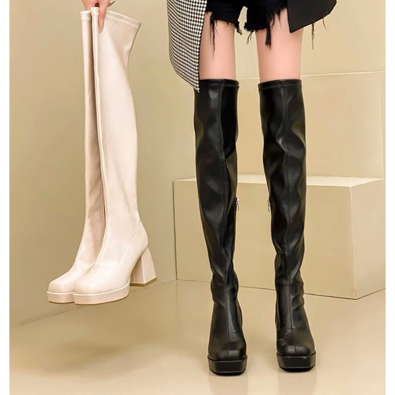 Boots đùi nữ da mềm ôm chân gót vuông cao 7cm có khoá sườn