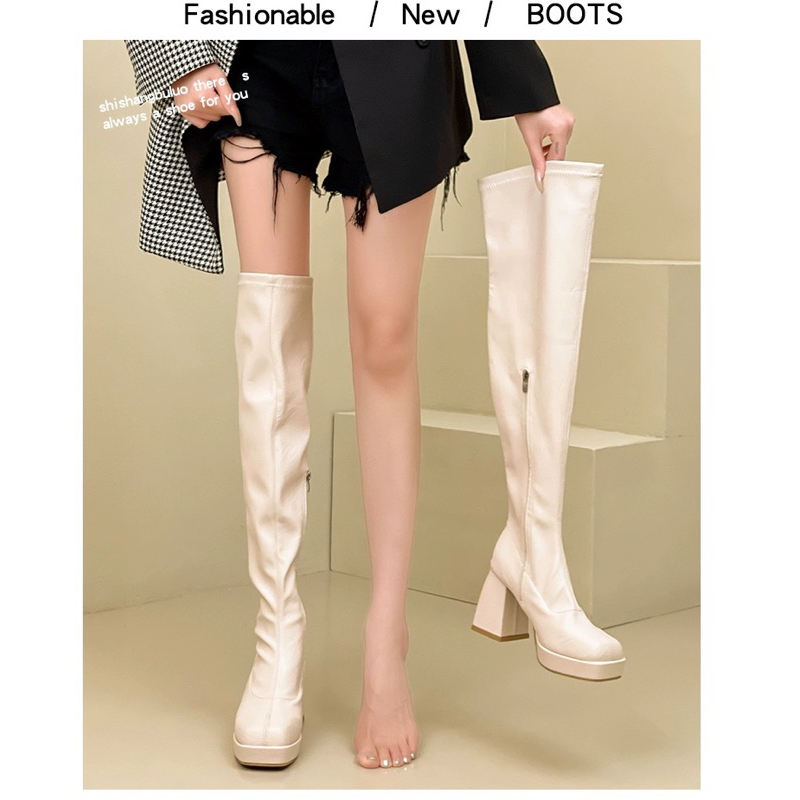 Boots đùi nữ da mềm ôm chân gót vuông cao 7cm có khoá sườn