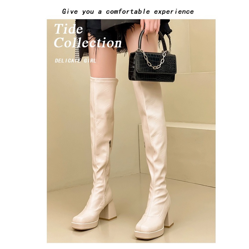 Boots đùi nữ da mềm ôm chân gót vuông cao 7cm có khoá sườn