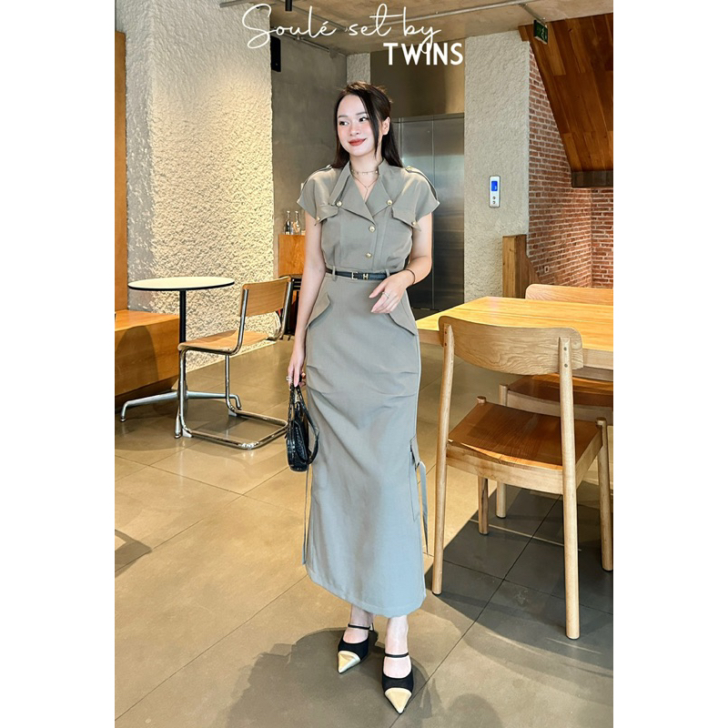 Set váy đầm dáng dài công sở nữ army thanh lịch dáng dài kèm belt