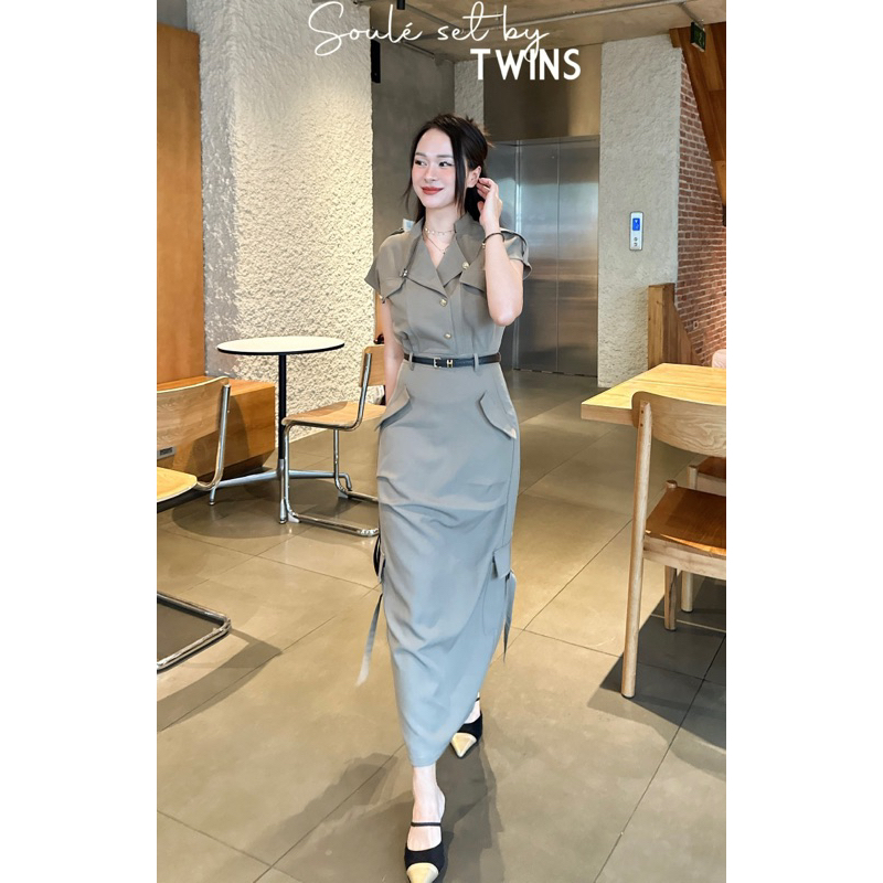 Set váy đầm dáng dài công sở nữ army thanh lịch dáng dài kèm belt