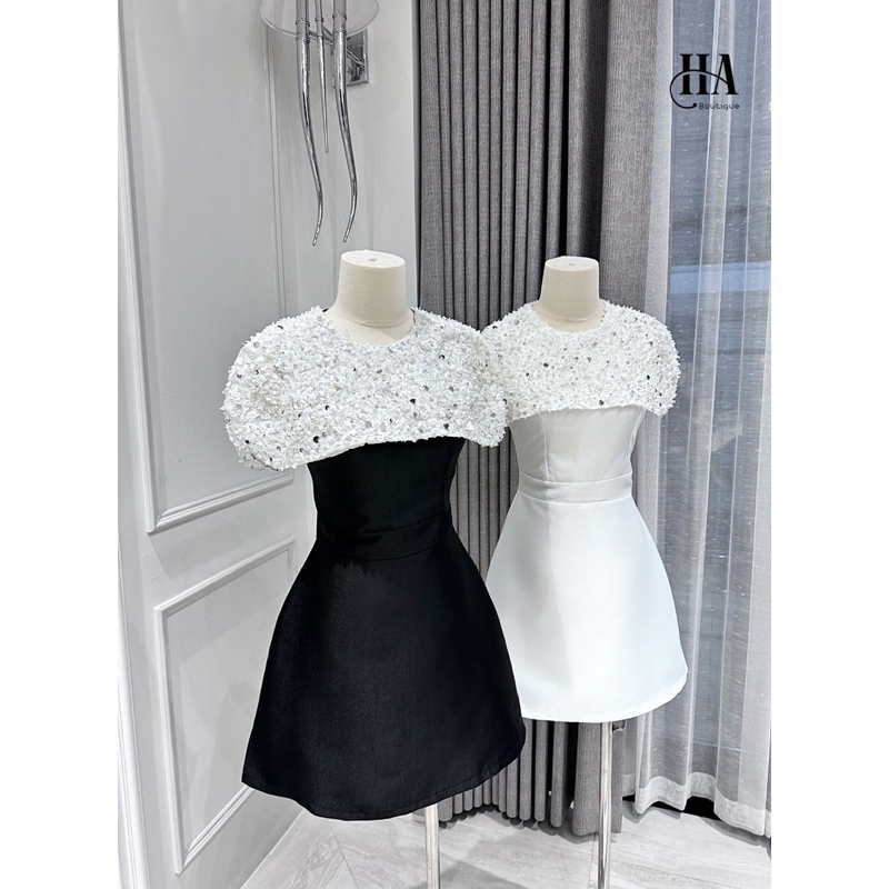 Đầm Cổ Ren Cổ Tròn Vai Chùm Đính Hạt Sang Chảnh