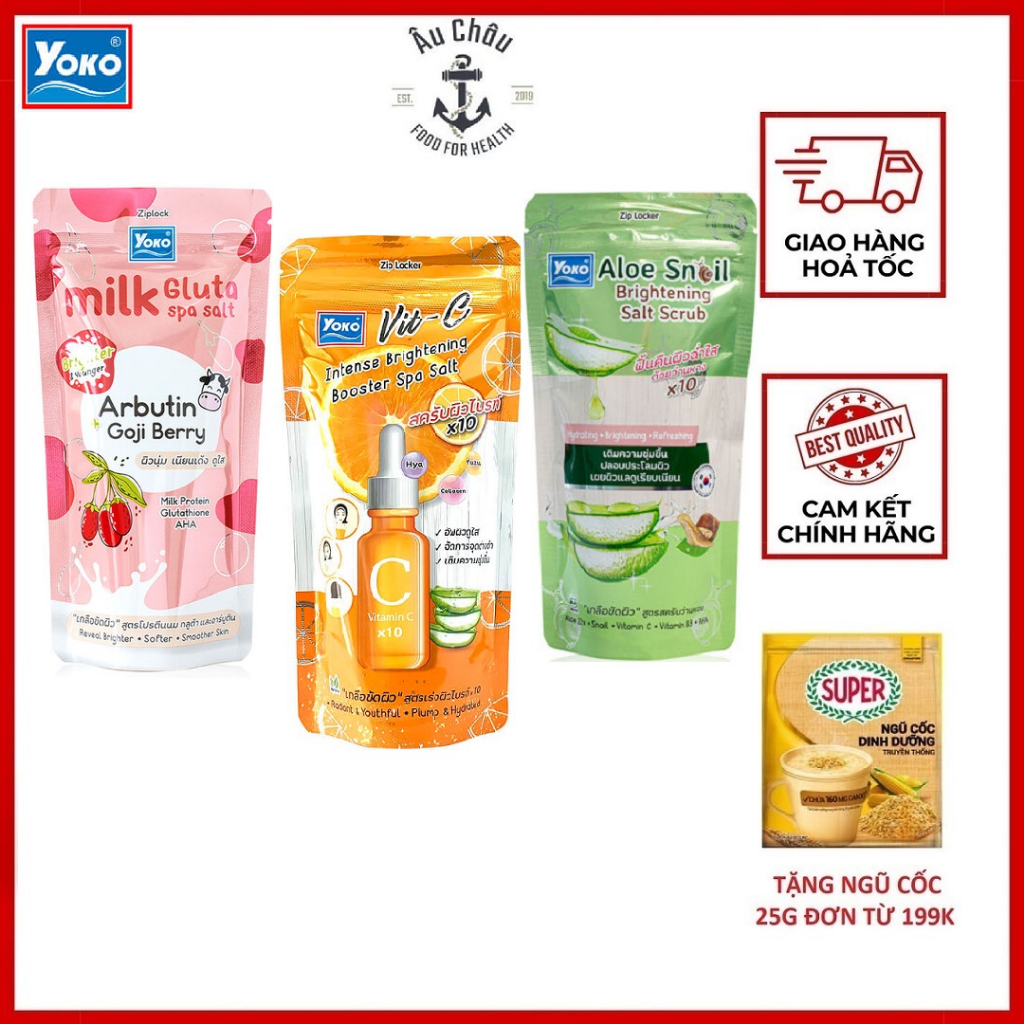 Muối tắm Yoko Vit-c, Aloe snail, Milk gluta spa salt tẩy tế bào chết ngừa thâm Thái Lan 300g - ÂU CHÂU SHOP