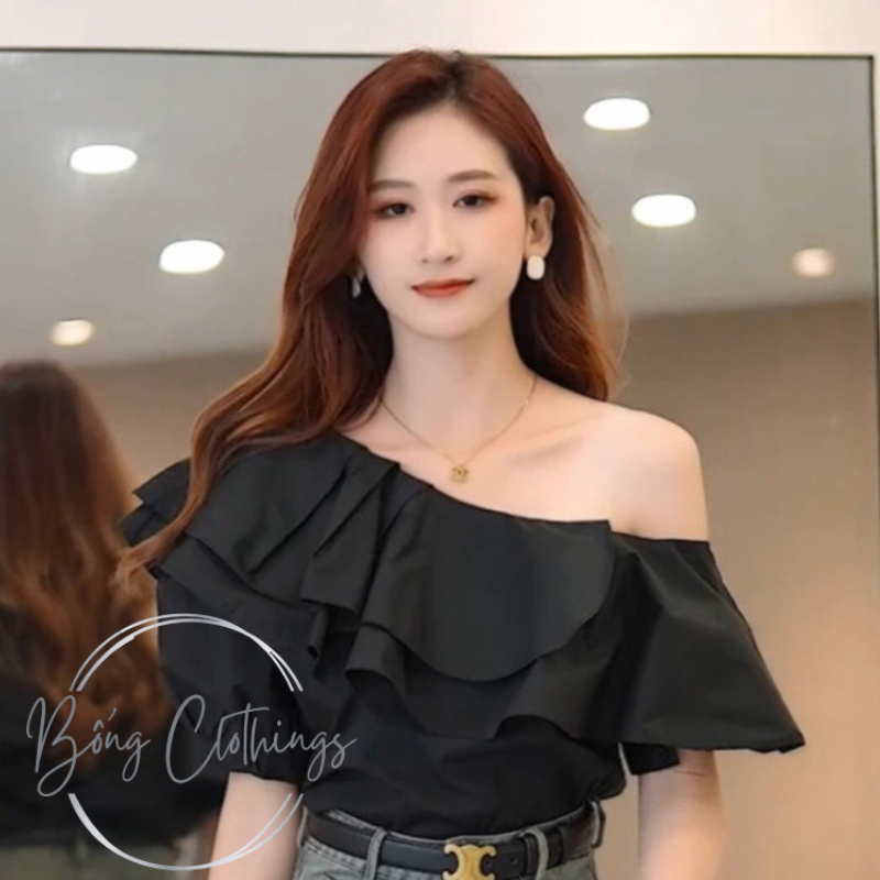 Áo Lệch Vai Sơ Mi Cộc Tay Lụa Ngọc Trai Đen & Trắng Tiểu Thư Siêu Xinh Sang Trọng | BigBuy360 - bigbuy360.vn