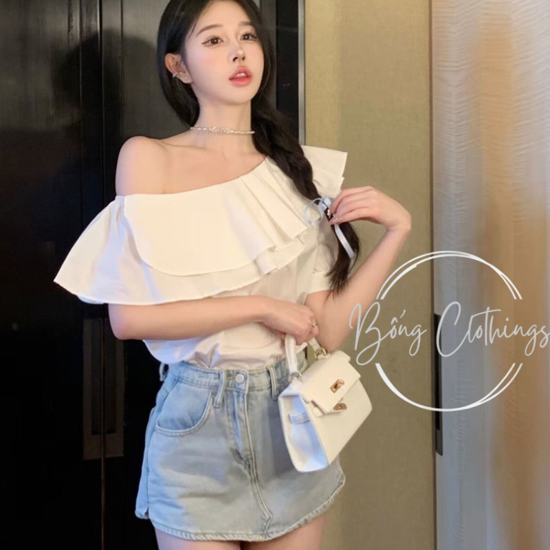 Áo Lệch Vai Sơ Mi Cộc Tay Lụa Ngọc Trai Đen & Trắng Tiểu Thư Siêu Xinh Sang Trọng