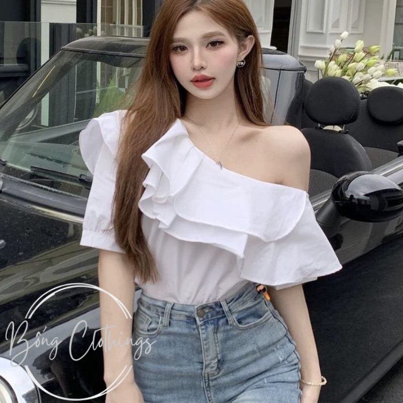 Áo Lệch Vai Sơ Mi Cộc Tay Lụa Ngọc Trai Đen & Trắng Tiểu Thư Siêu Xinh Sang Trọng | BigBuy360 - bigbuy360.vn