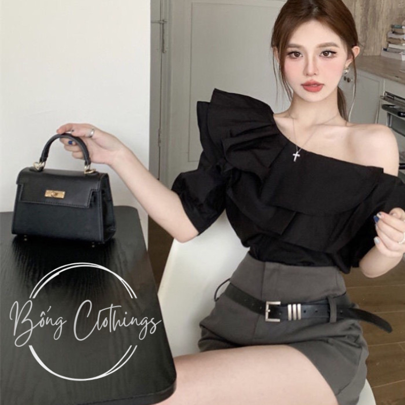 Áo Lệch Vai Sơ Mi Cộc Tay Lụa Ngọc Trai Đen & Trắng Tiểu Thư Siêu Xinh Sang Trọng | BigBuy360 - bigbuy360.vn