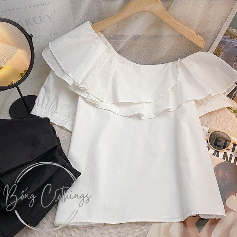 Áo Lệch Vai Sơ Mi Cộc Tay Lụa Ngọc Trai Đen & Trắng Tiểu Thư Siêu Xinh Sang Trọng | BigBuy360 - bigbuy360.vn