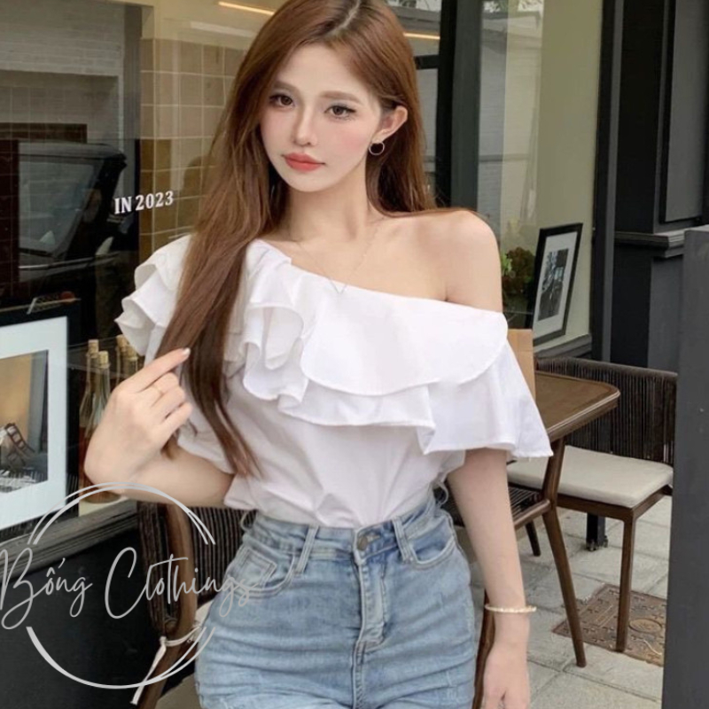 Áo Lệch Vai Sơ Mi Cộc Tay Lụa Ngọc Trai Đen & Trắng Tiểu Thư Siêu Xinh Sang Trọng | BigBuy360 - bigbuy360.vn