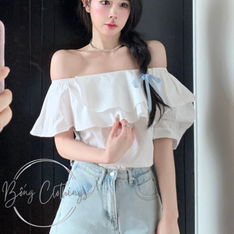 Áo Lệch Vai Sơ Mi Cộc Tay Lụa Ngọc Trai Đen & Trắng Tiểu Thư Siêu Xinh Sang Trọng | BigBuy360 - bigbuy360.vn