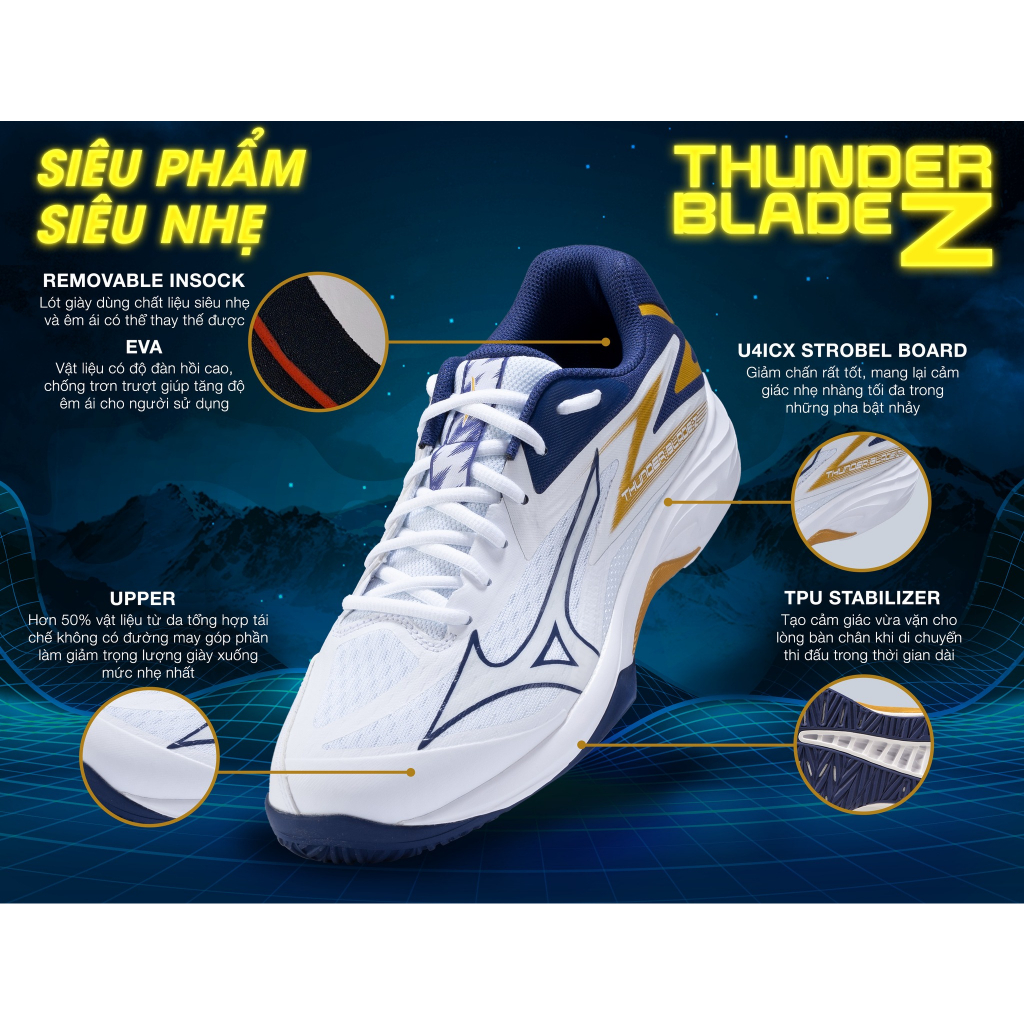 Giày cầu lông indoor Mizuno Thunder Blade Z nhẹ vượt trội,hỗ trợ giảm chấn,đế êm ái có độ đàn hồi cao chống trơn trượt