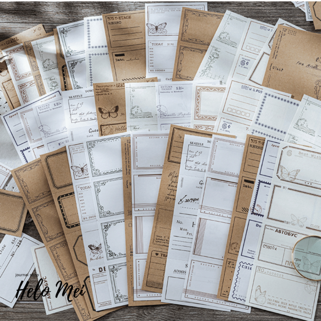 Bộ mix hỗn hợp mẫu khung giấy ghi chú cổ điển vintage trang trí sổ, bullet journal