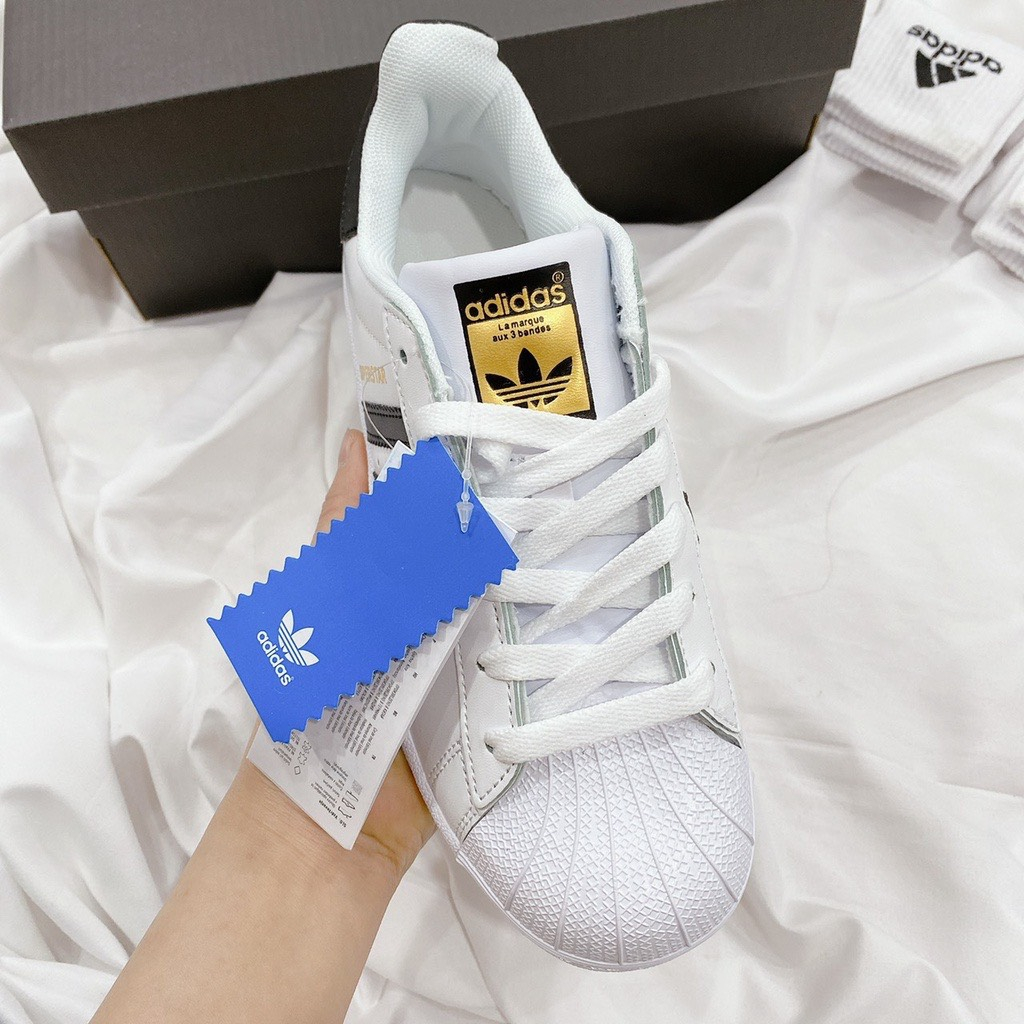 Giày_Adidas Superstar Trắng 3 Sọc Đen, Giày Thể Thao Superstar Tem Vàng Nam Nữ Hottrend Phổ Thông Full Phụ Kiện