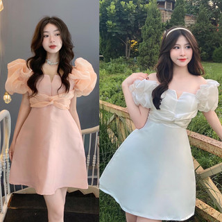 Váy trắng trễ vai gấm xốp xoè dự tiệc kỉ yếu du lịch, đầm tiệc cưới tiểu thư lệch vai