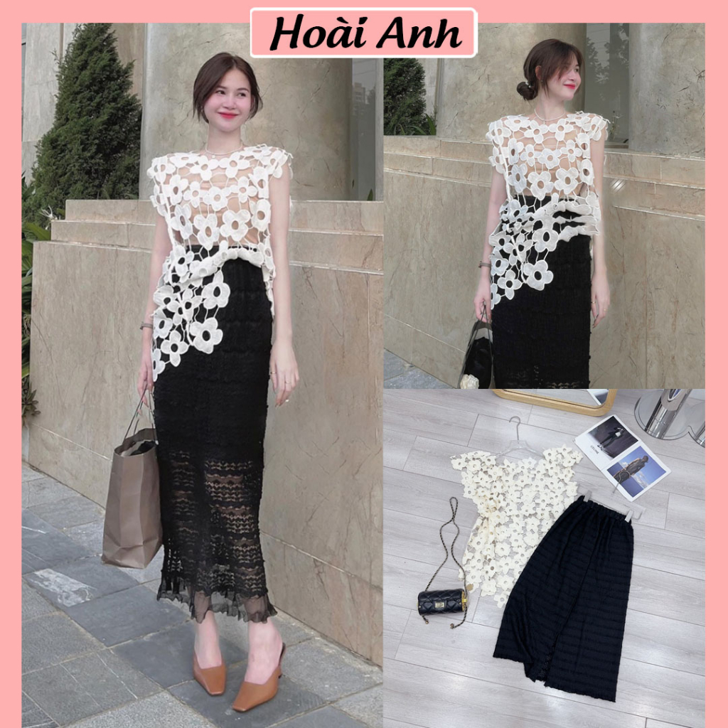 Set Bộ Đồ Nữ Áo Ren Hoa To Hở Tay Hến Mix Chân Váy Ren Xốp Dáng Dài Freesize