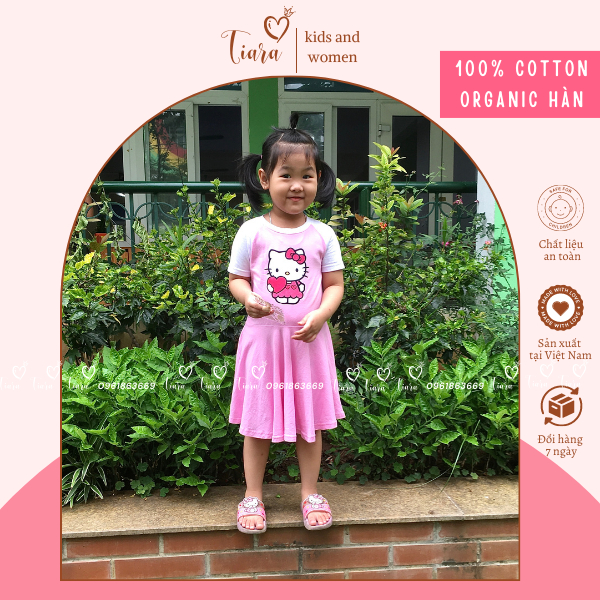 Váy bé gái hello kitty TIARA vải thun cotton organic Hàn co giãn 4 chiều, size 0,1,2,3,4,5,6 tuổi, từ 8kg đến 22kg