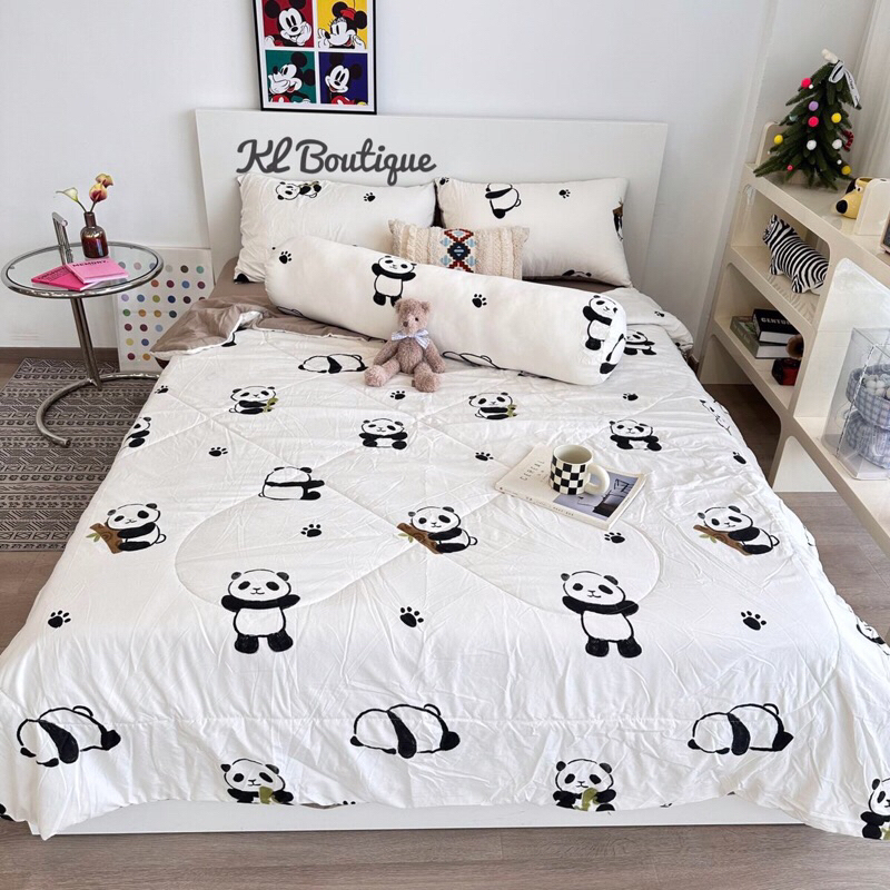 Bộ chăn ga và vỏ gối 5 món cotton đũi chăn trần bông sơ đậu nành hoạ tiết dễ thươngj