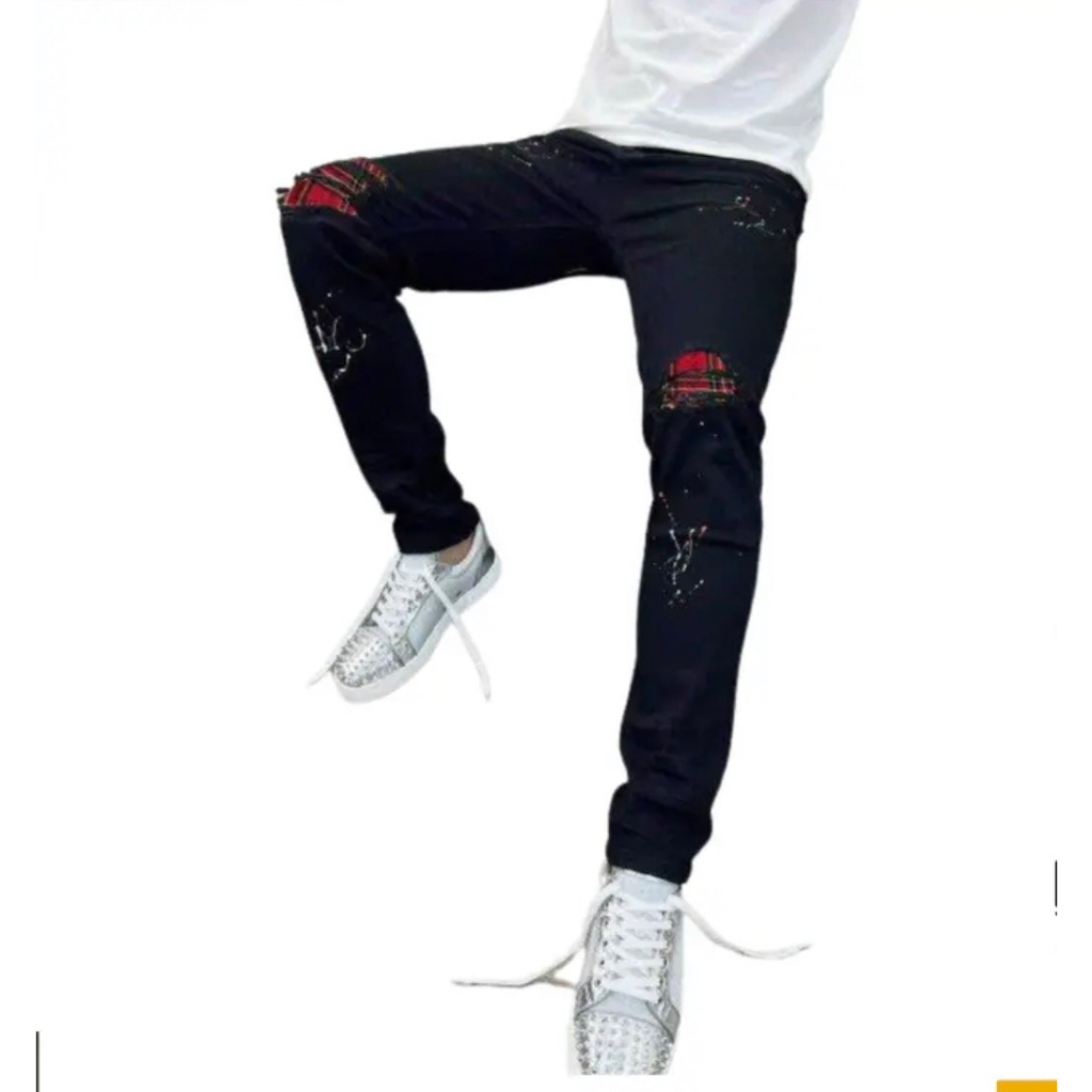 Quần jean nam đen trơn in logo icon chất vải dày dặn co giãn phong cách 1979